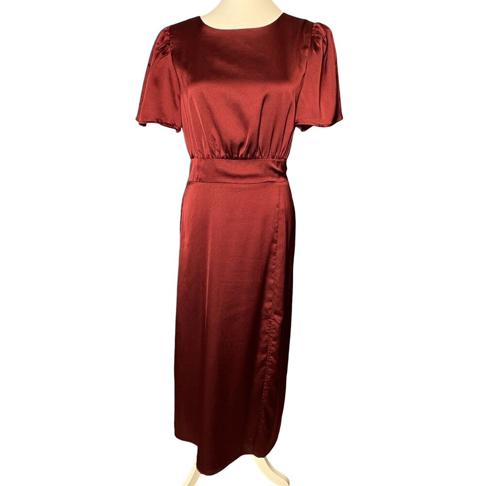 Sugarlips Burgundy Satin Midi Dress M Flutter Sleeve Wedding Guest GUC - Picture 2 of 8